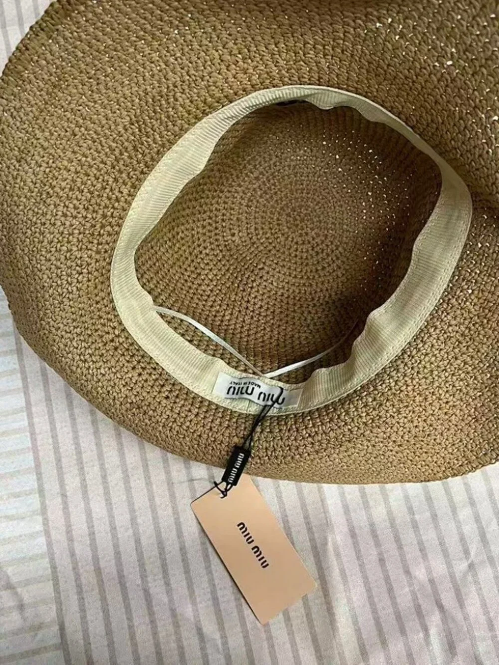 Miu Miu Logo Embroidered Wide Brim Straw Bucket Hat